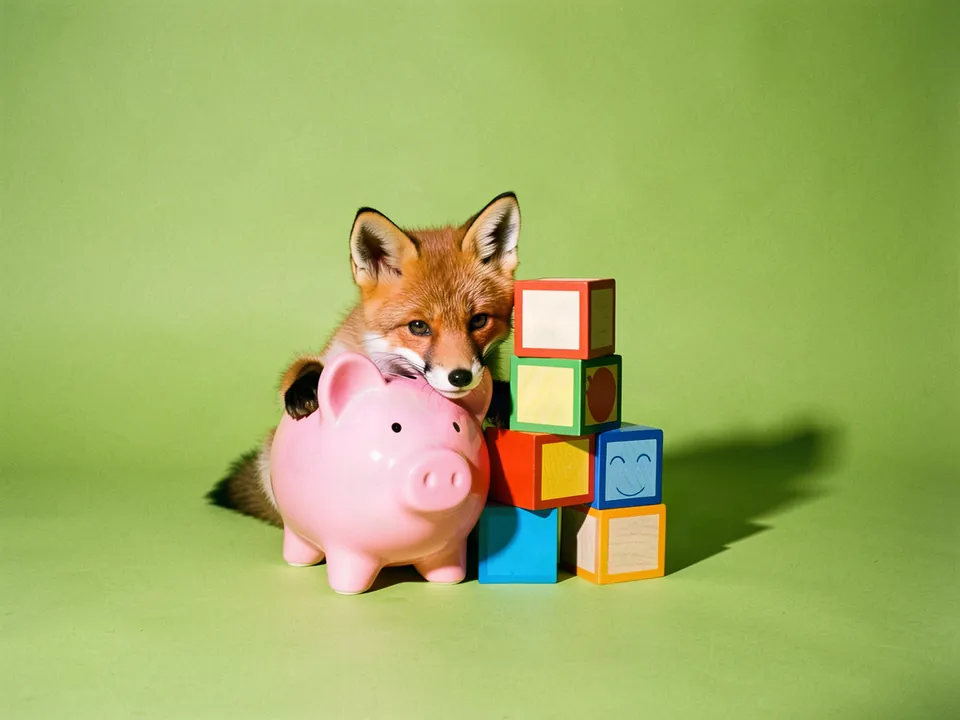 Un zorrito abrazando una alcancía rosa junto a bloques de juguete