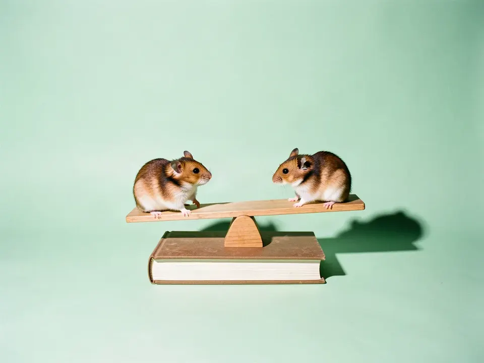 Dos hámsteres en un subibaja hecho con una regla sobre un libro