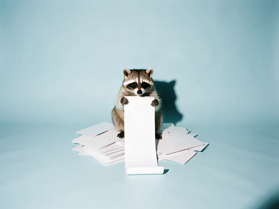 Un mapache sentado sobre tarjetas de plástico sostiene un ticket larguísimo