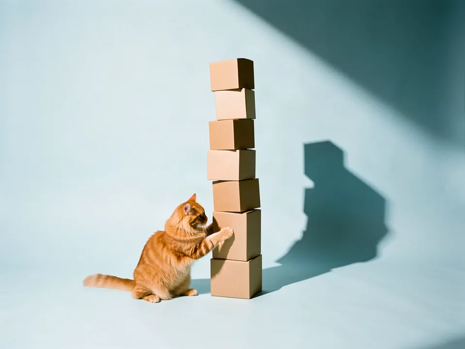 Un gato naranja empuja la caja de abajo de una torre de cajas de cartón