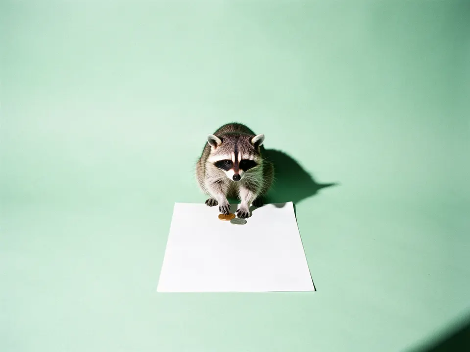 Un mapache contando monedas sobre una hoja de respuestas