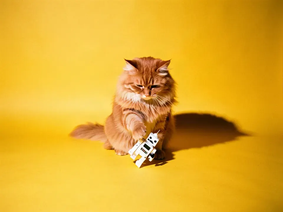 Un gato atigrado tumbando un robot de juguete