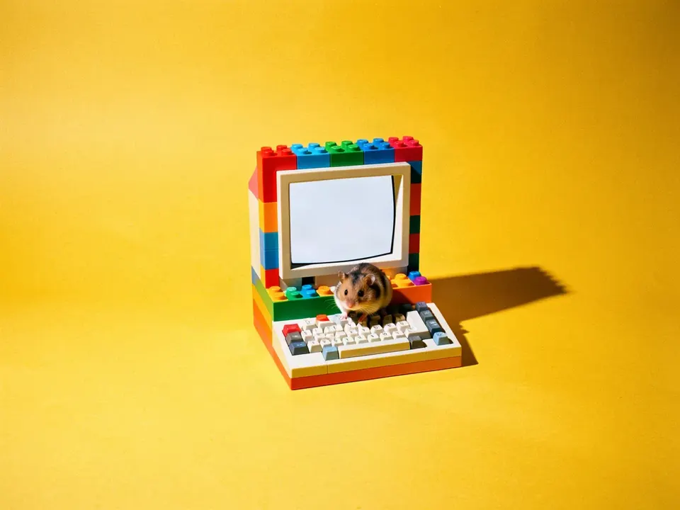 Un hámster frente a una computadora hecha con bloques de juguete