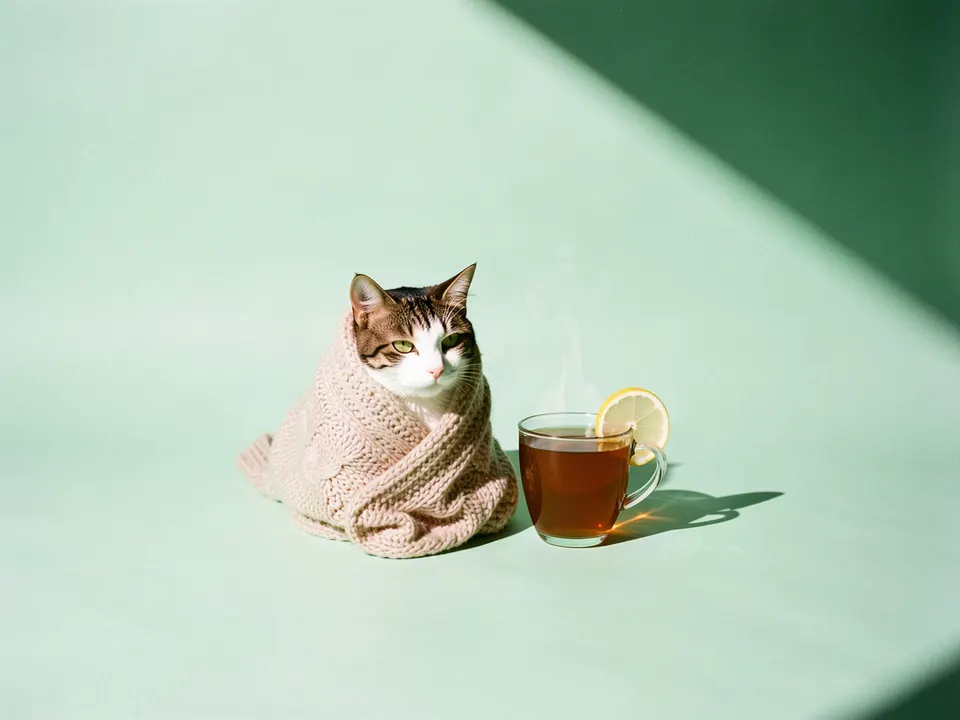 Un gato envuelto en una cobija junto a una taza de té con limón