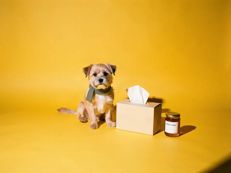 Un perrito con bufanda junto a pañuelos y un frasco de miel