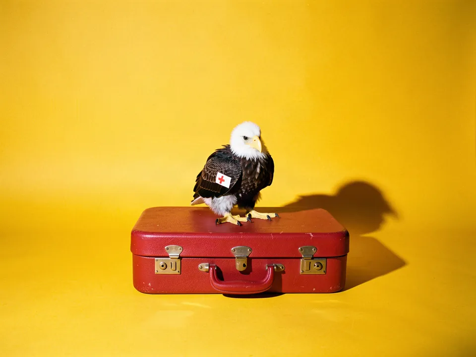 Un aguilucho con una venda en el ala sentado sobre una maleta roja