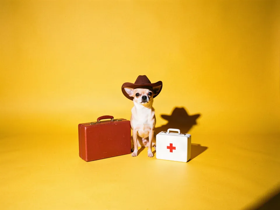 Un chihuahua con sombrero vaquero junto a una maleta roja y un botiquín