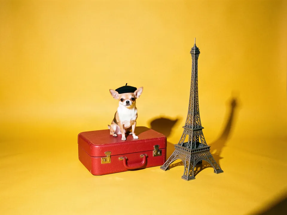 Un chihuahua con boina sentado sobre una maleta roja junto a una Torre Eiffel en miniatura