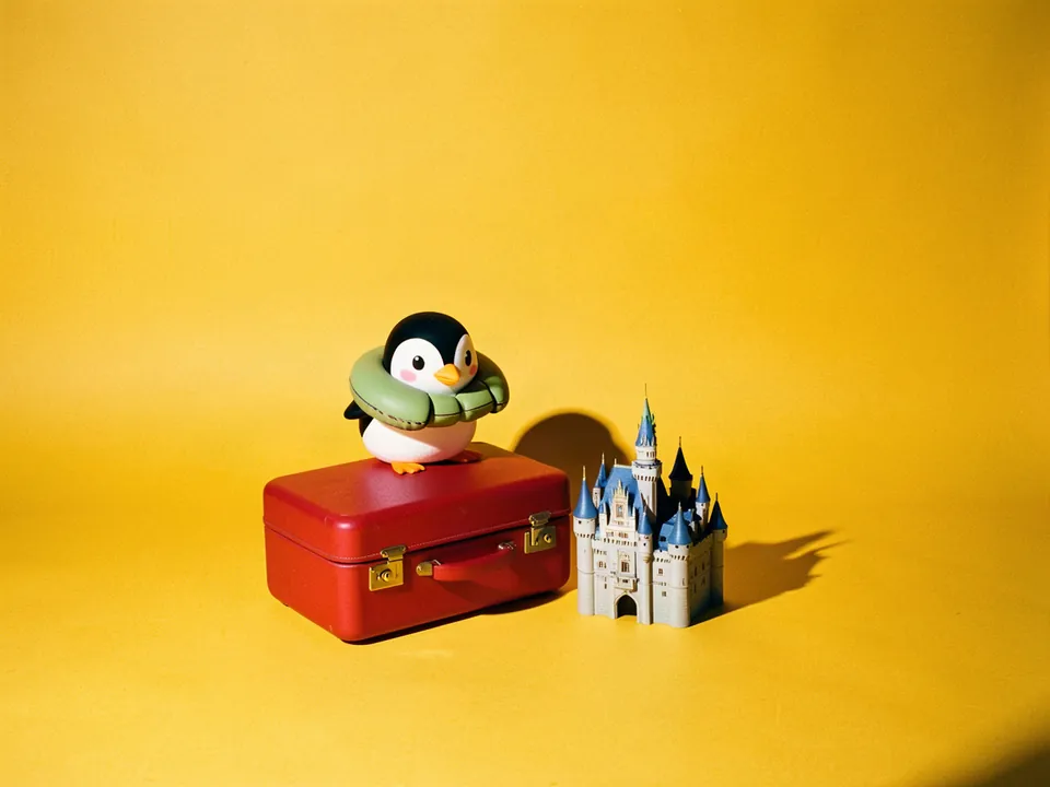 Un pingüino con almohada de viaje junto a una maleta roja y un castillo de juguete