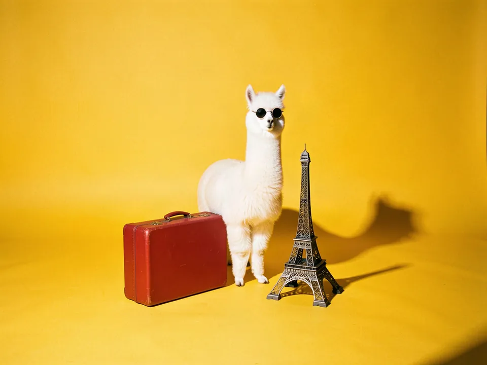 Una alpaca blanca con lentes de sol junto a una maleta roja y una Torre Eiffel en miniatura