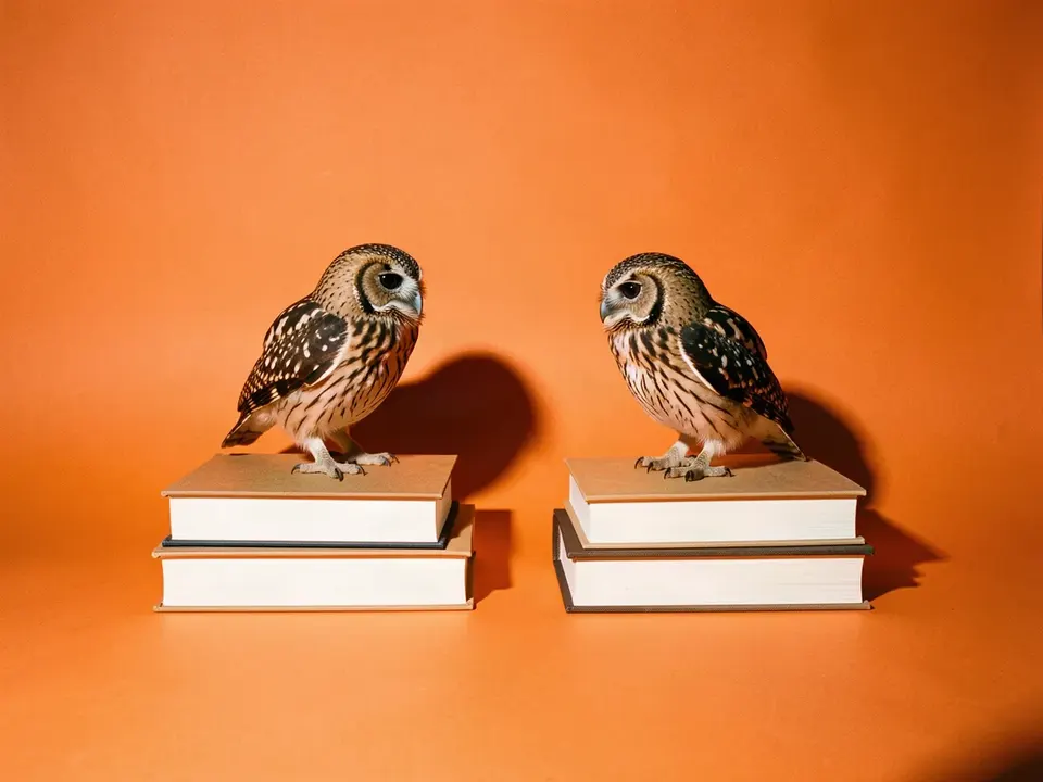 Dos búhos sobre pilas de libros, mirándose de frente