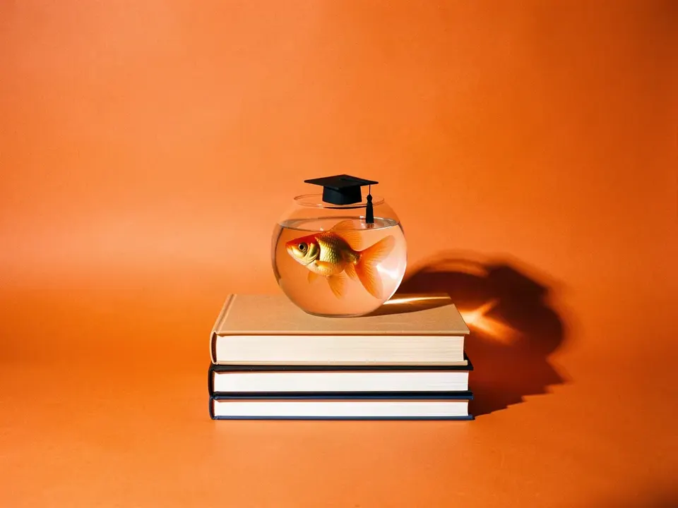 Un pez dorado con birrete en su pecera sobre una pila de libros