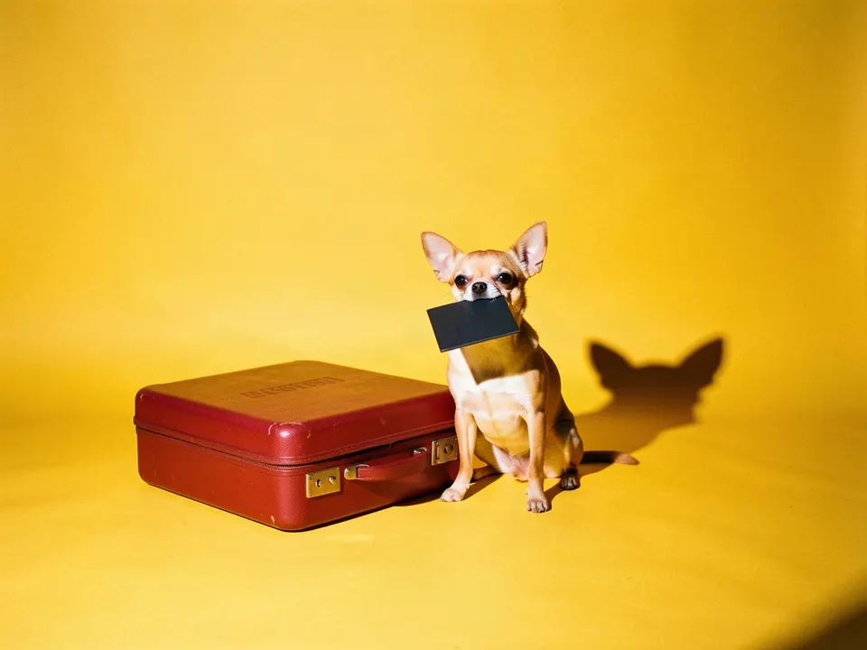 Un chihuahua con un pasaporte en el hocico junto a una maleta roja