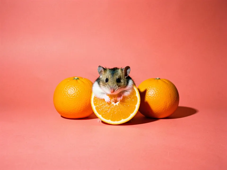 Un hámster abrazando una rodaja de naranja