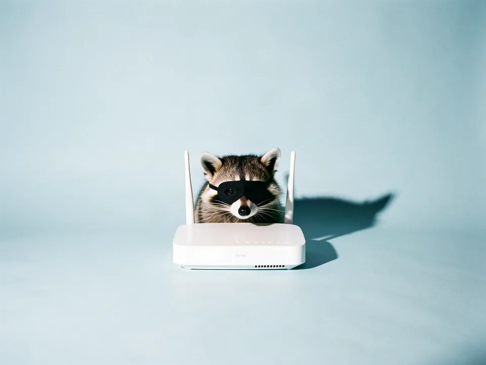 Un mapache con antifaz asomándose detrás de un router