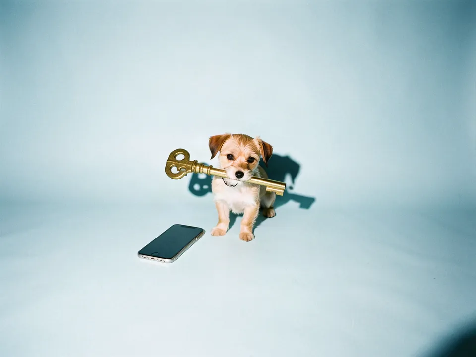 Un perrito con una llave dorada en el hocico junto a un teléfono