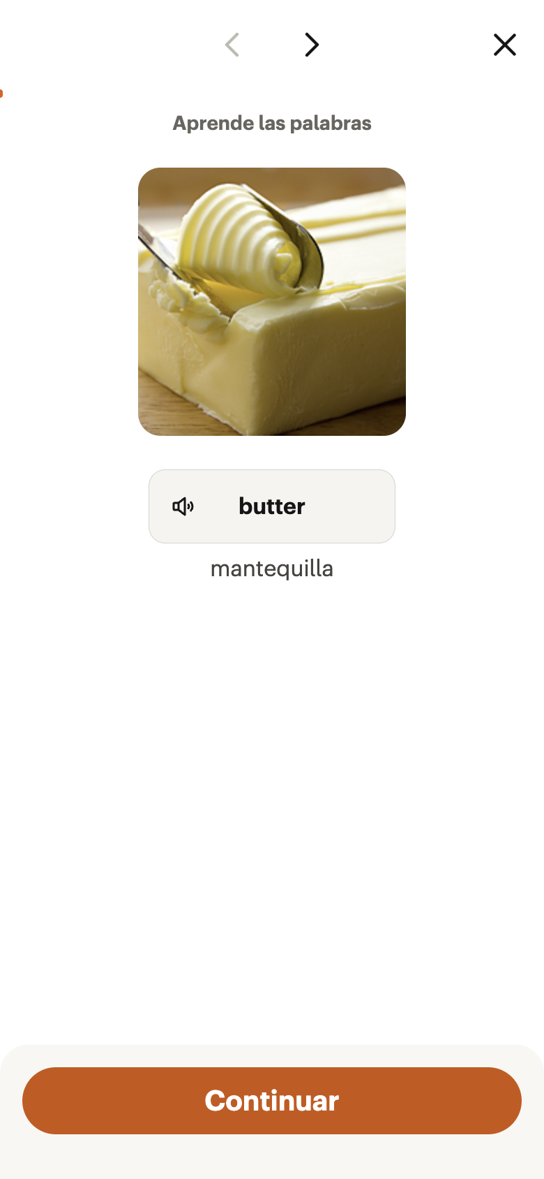 Nivel A2: vocabulario nuevo con foto, audio y traducción, en una lección sobre recetas.