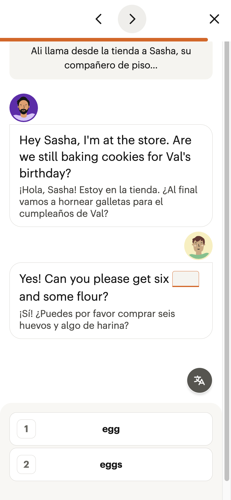 Nivel A2: diálogo de la vida diaria; escuchas, eliges la palabra que falta y ves la traducción.