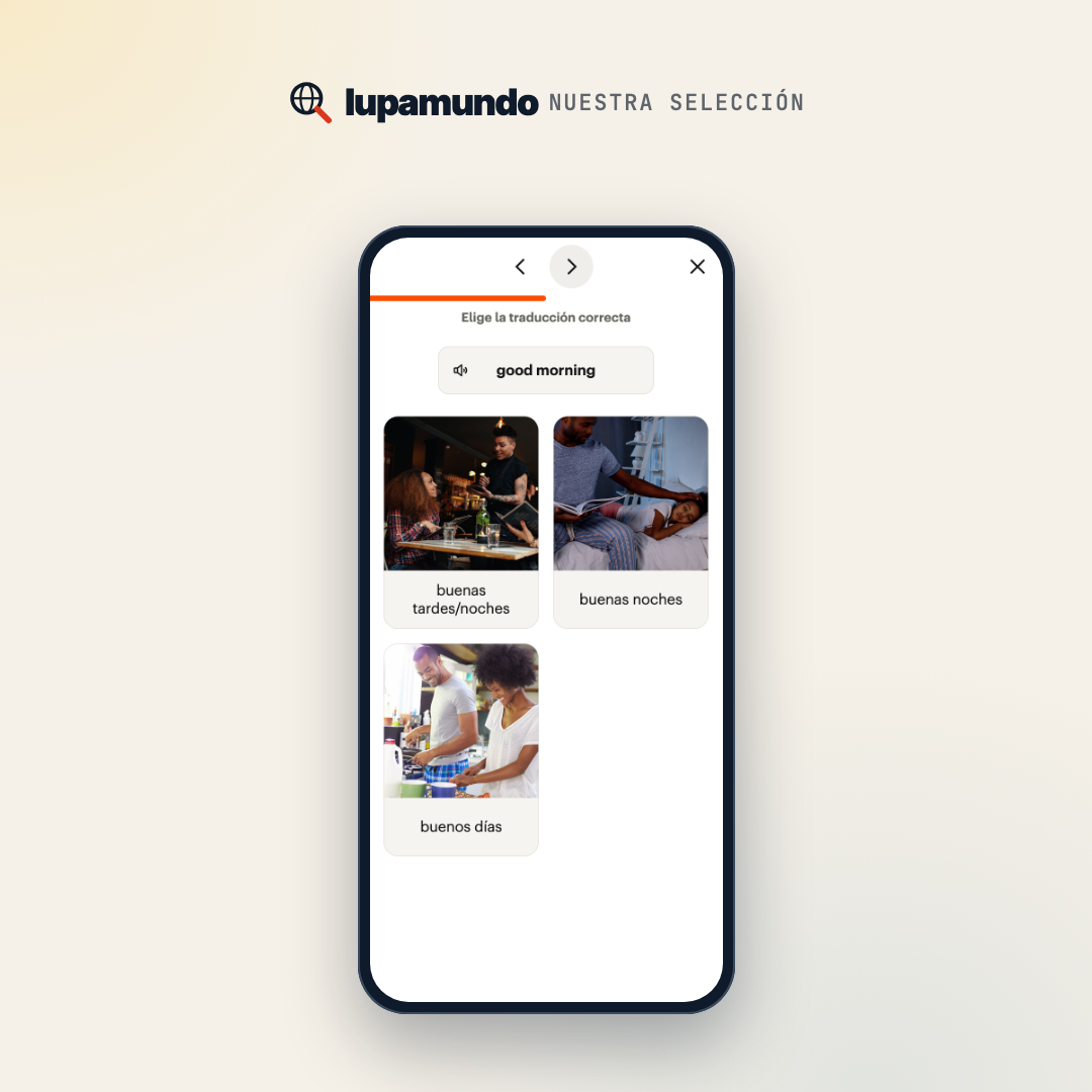 Ejercicio de Babbel en un celular: elegir la traducción de good morning entre tres fotos