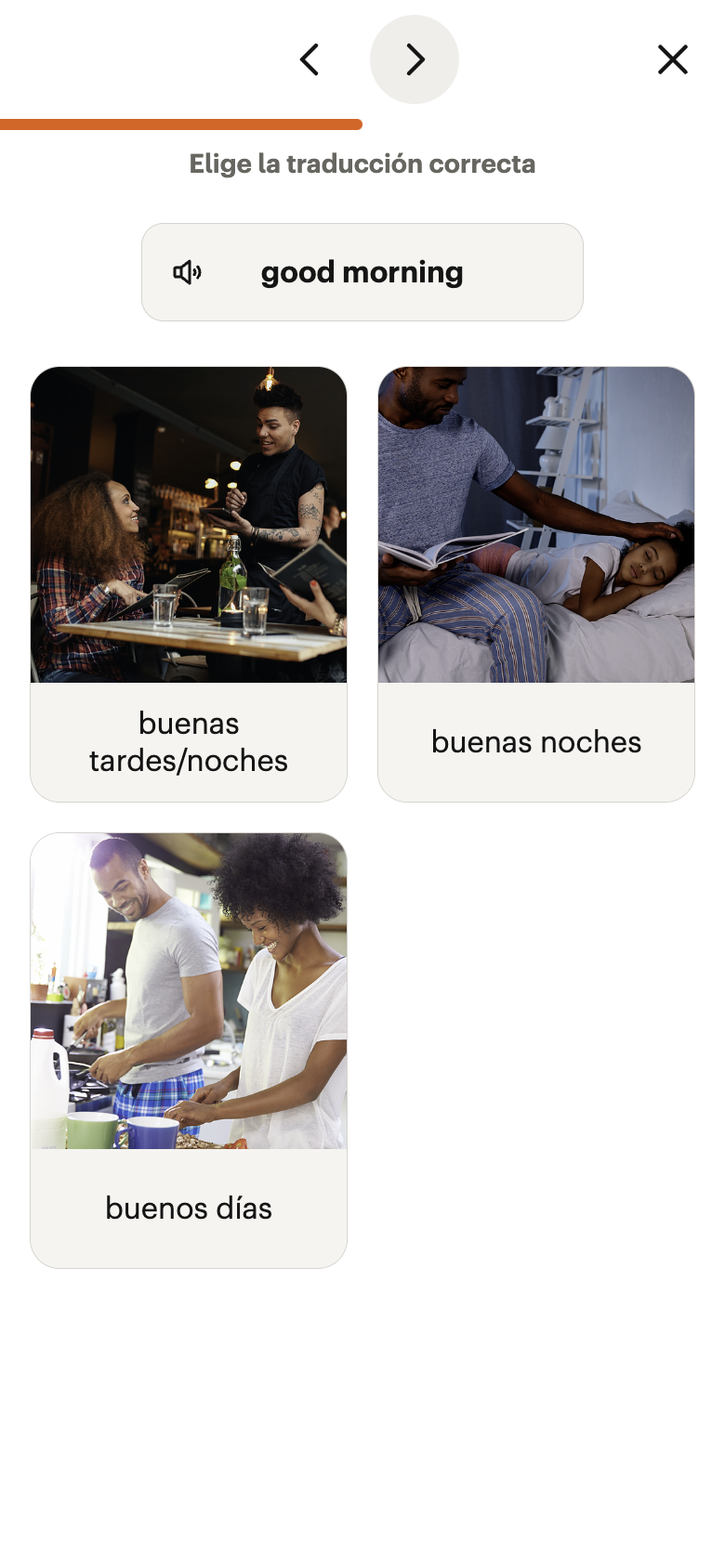 Eliges la traducción entre fotos; cada palabra trae su audio.
