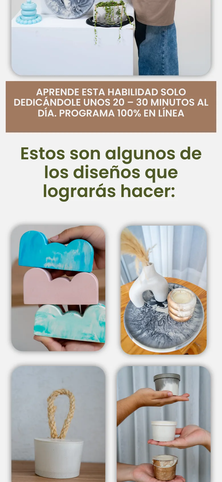 Galería de piezas de concreto en la página de venta: macetas, bandejas y joyeros