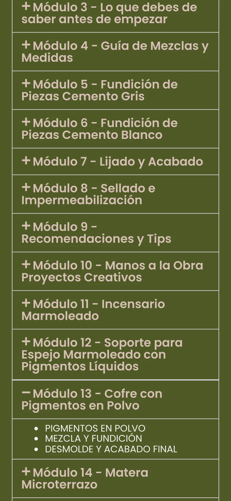 Temario del curso, módulos 3 a 14 con el detalle del módulo 13