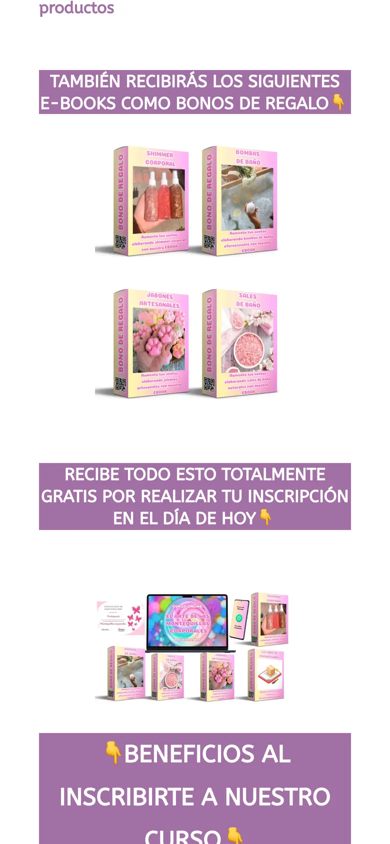 E-books de regalo: shimmer corporal, bombas de baño, jabones artesanales y sales de baño