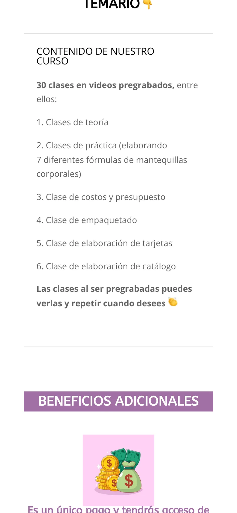 Contenido del curso en la página de venta: 30 clases en 6 bloques