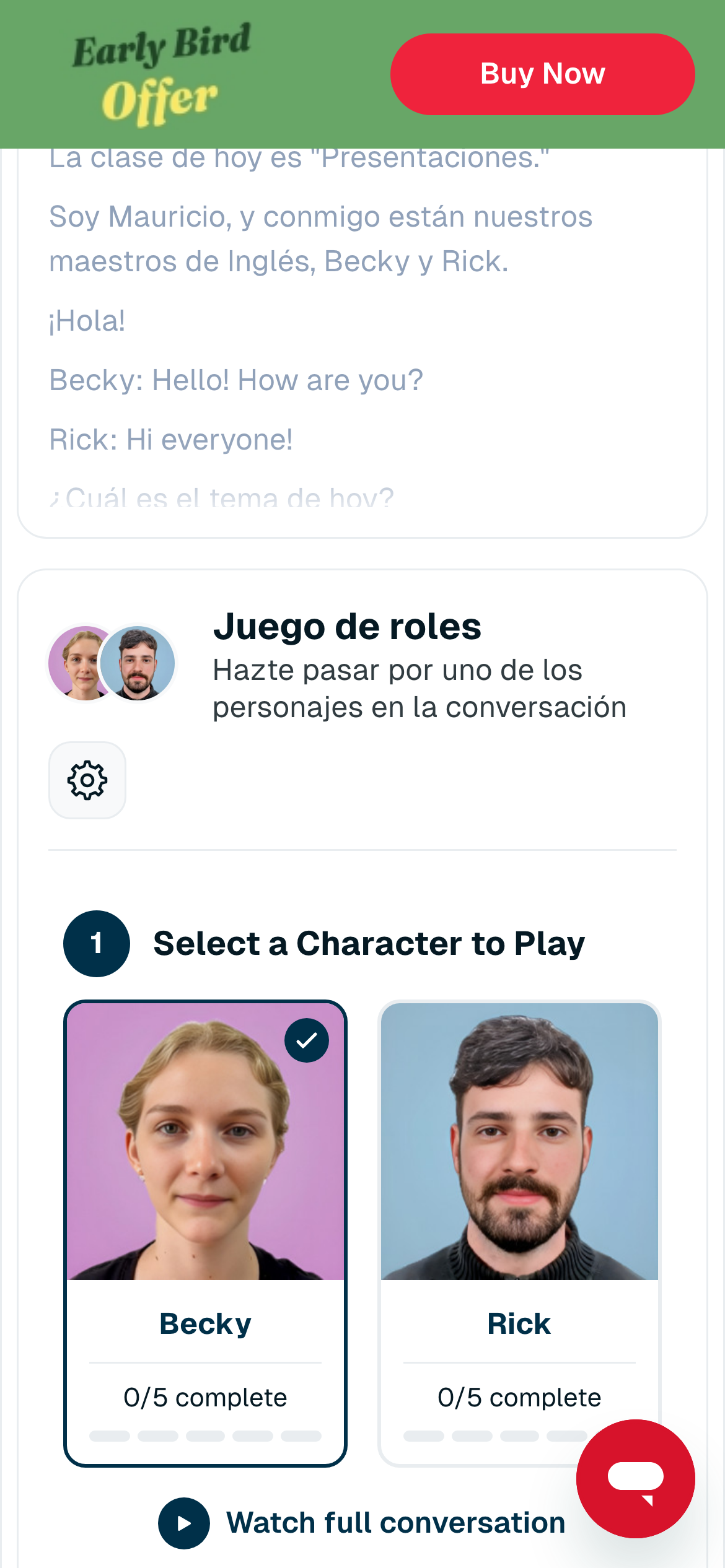 Pantalla del juego de roles de Rocket Inglés para elegir personaje