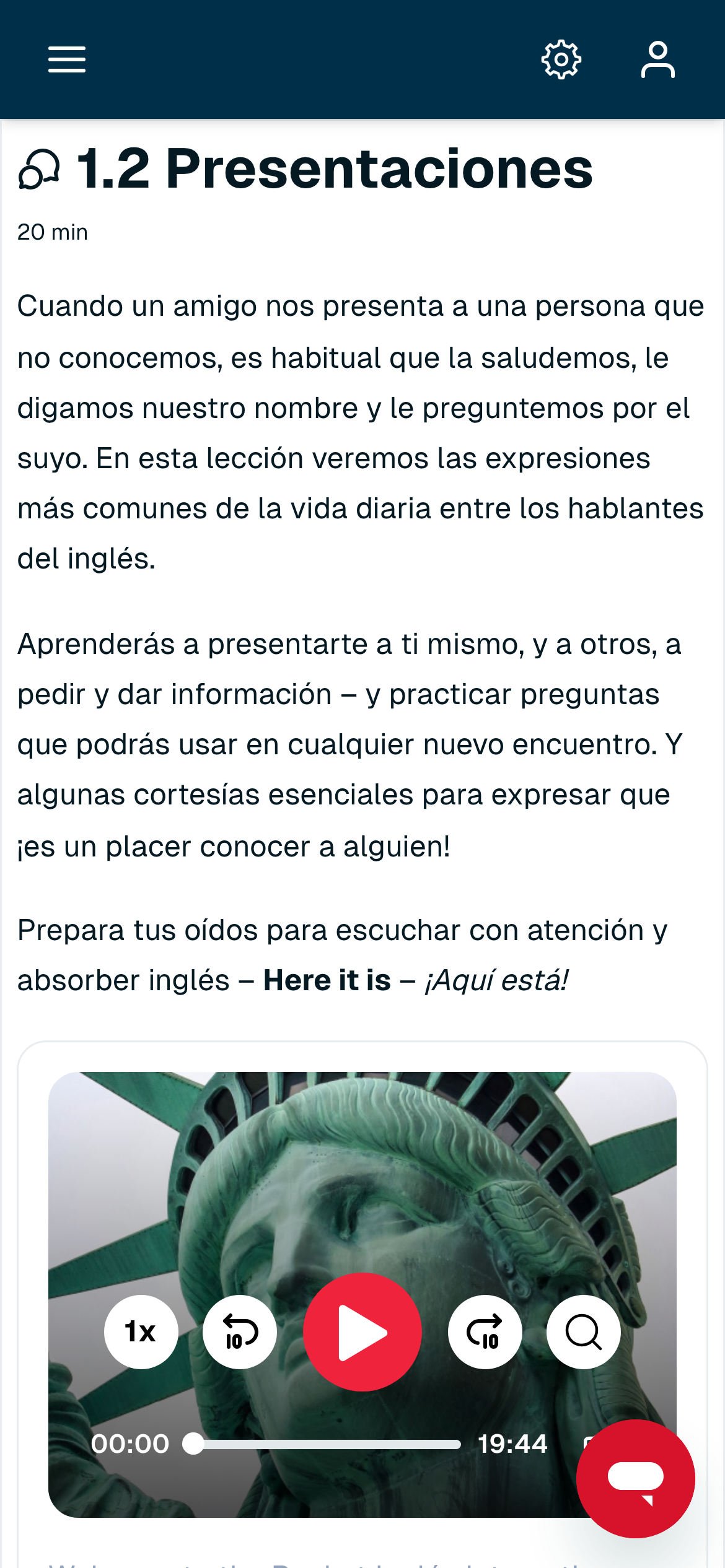 Lección 1.2 Presentaciones con su explicación en español y el reproductor de audio