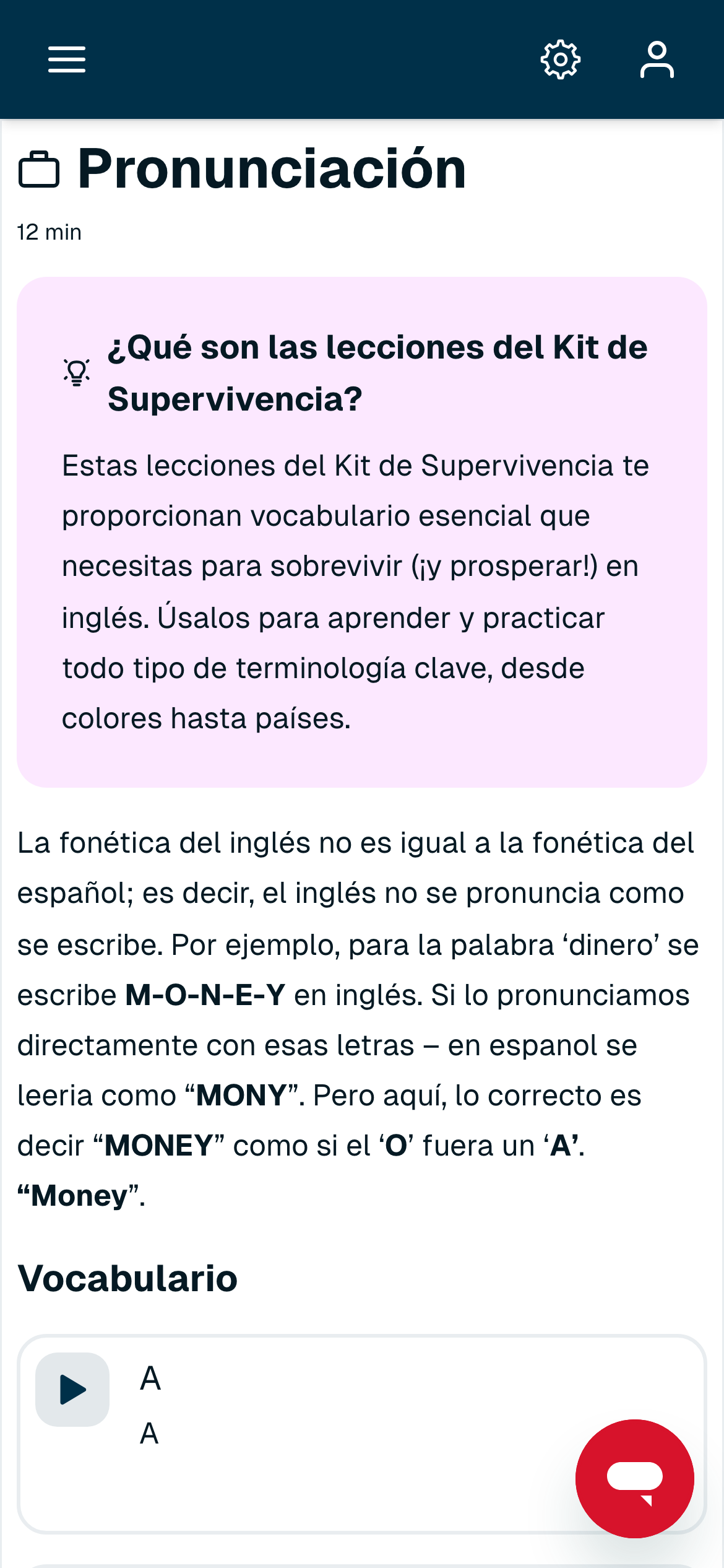 Lección de Pronunciación del Kit de Supervivencia con vocabulario en audio