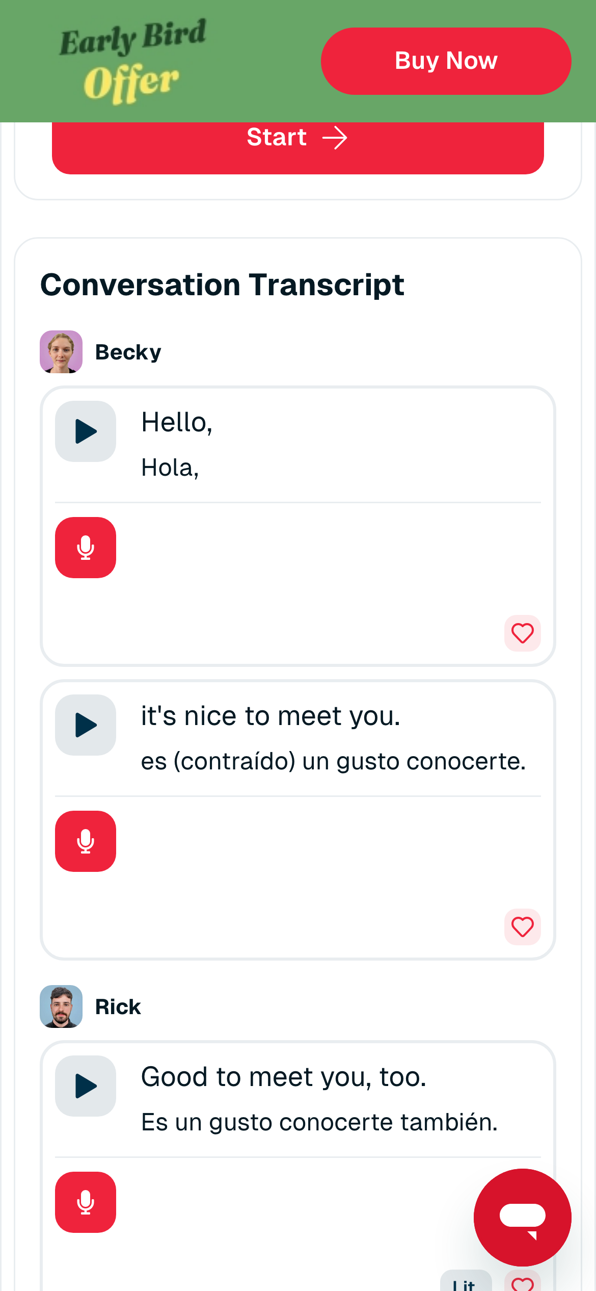 Transcripción de la conversación con traducción al español y botón de micrófono en cada línea