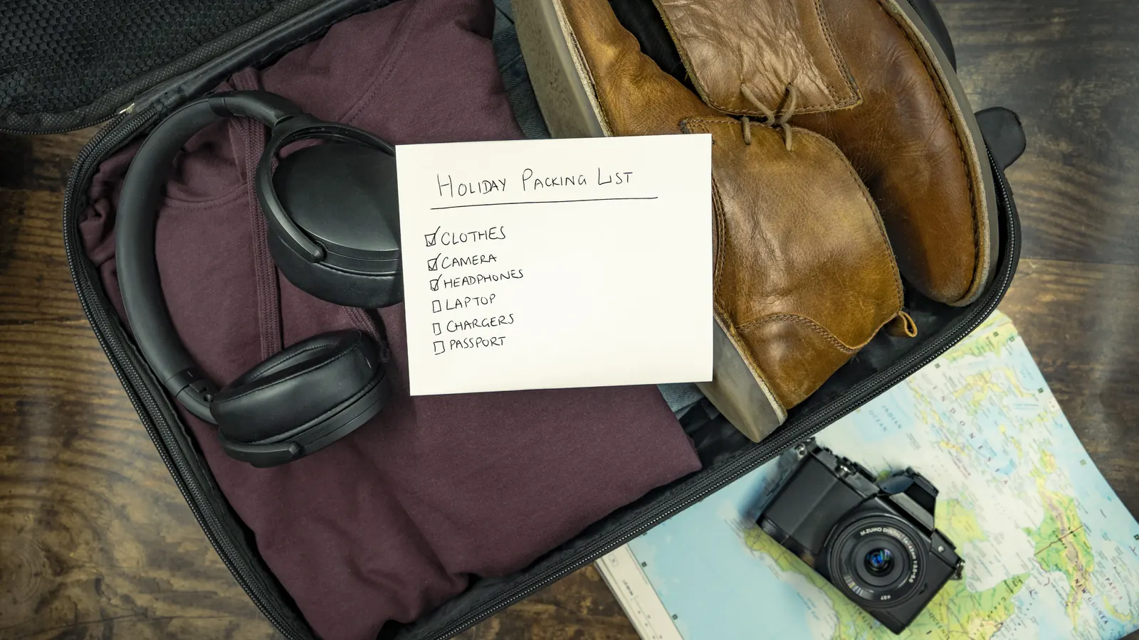 Maleta abierta con ropa, zapatos, audífonos y una lista de equipaje, junto a una cámara y un mapa