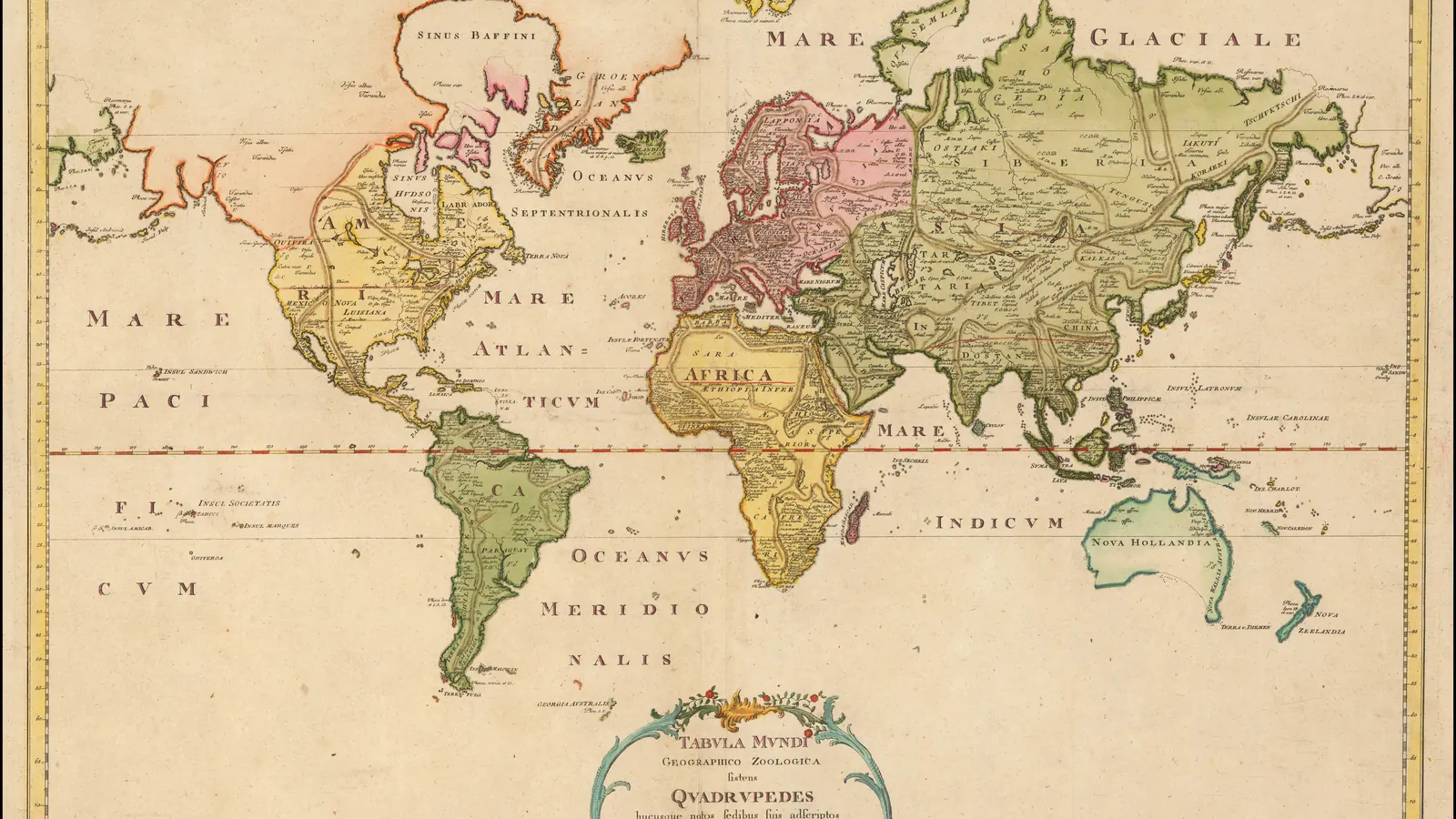 Mapa del mundo de 1783 con los continentes coloreados a mano